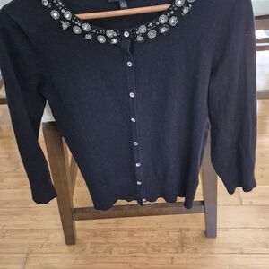 Spense Elegant Black Cardigan with Jewel Collar